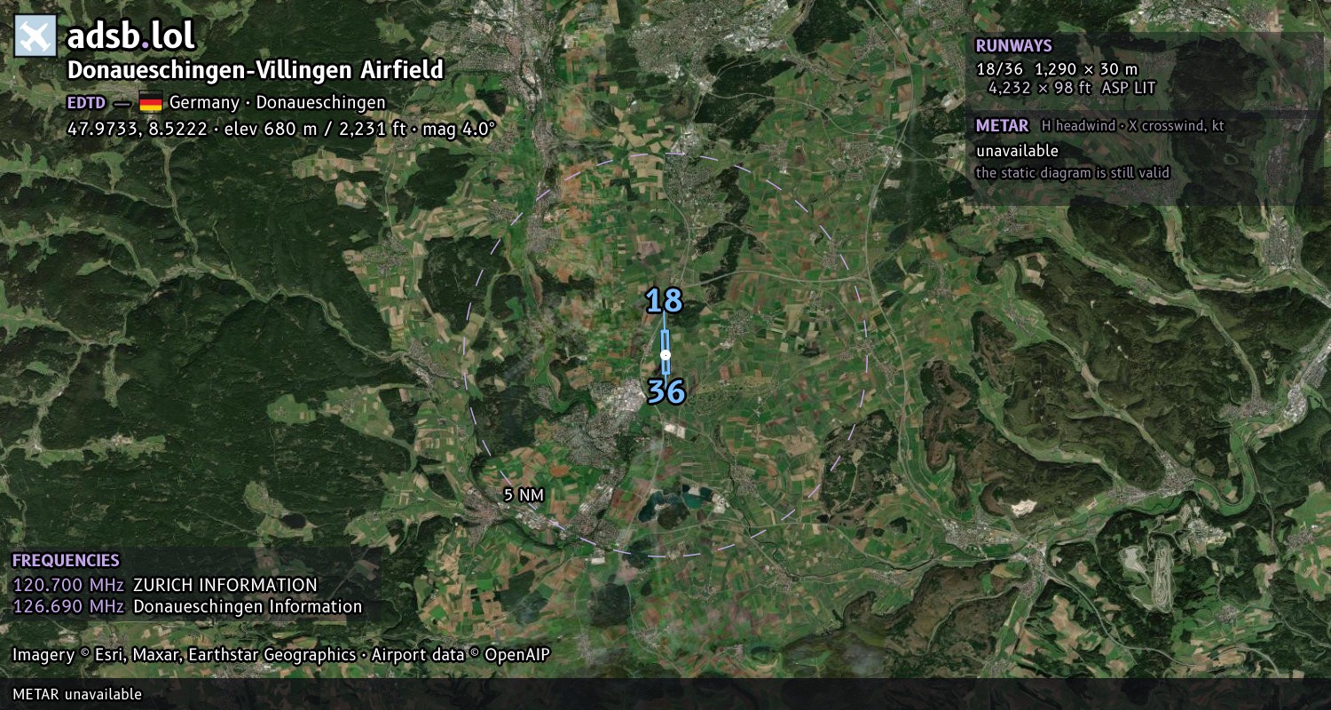 Satellite map with the runway layout of Donaueschingen-Villingen Airfield (EDTD)