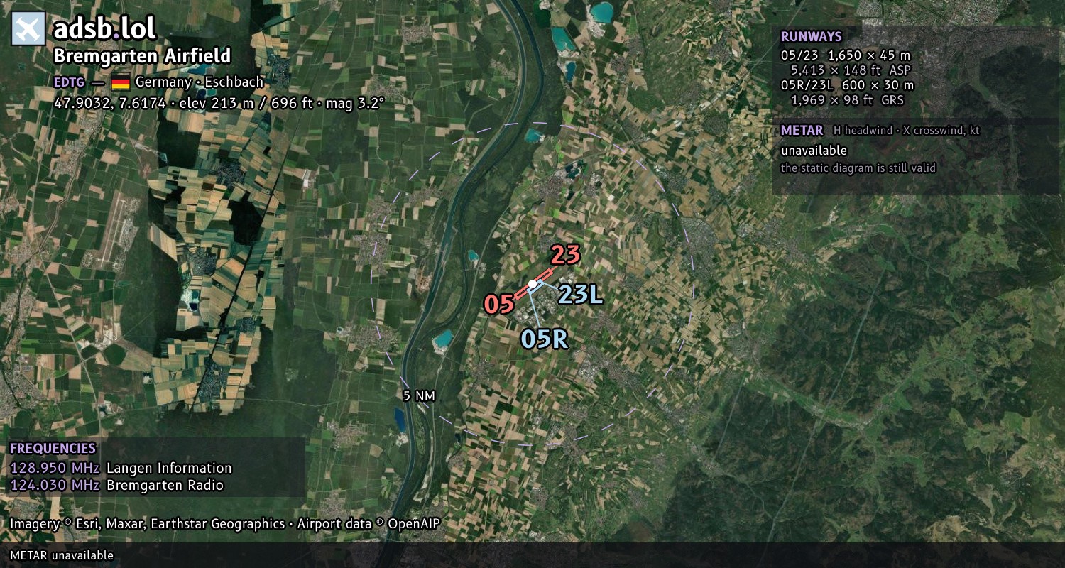 Satellite map with the runway layout of Bremgarten Airfield (EDTG)