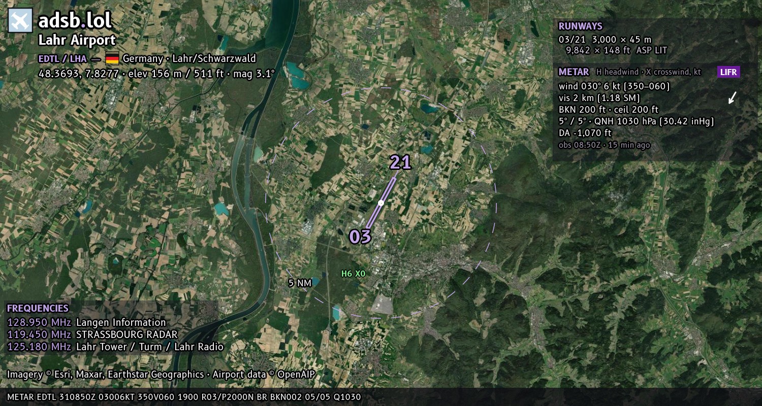 Satellite map with the runway layout of Lahr Airport (EDTL)