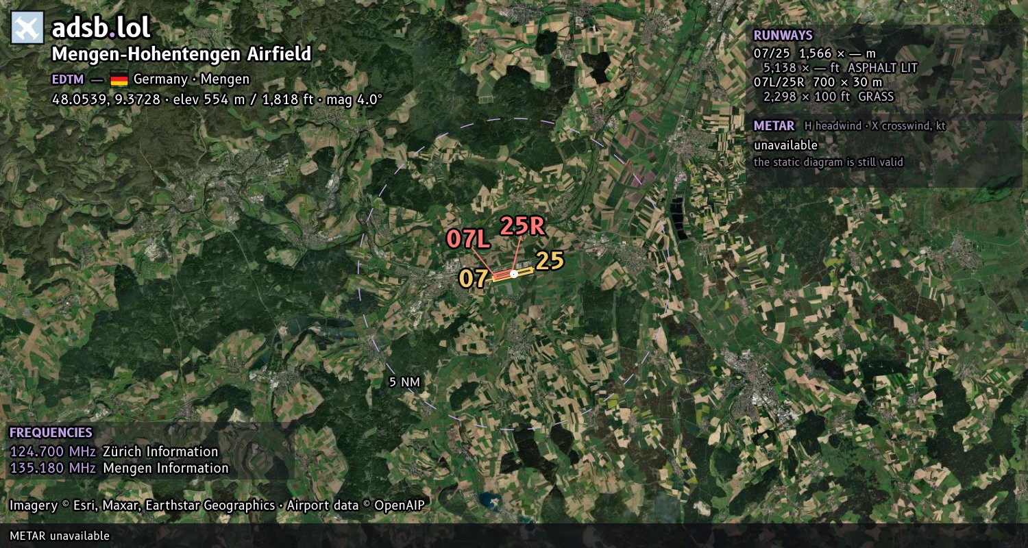 Satellite map with the runway layout of Mengen-Hohentengen Airfield (EDTM)