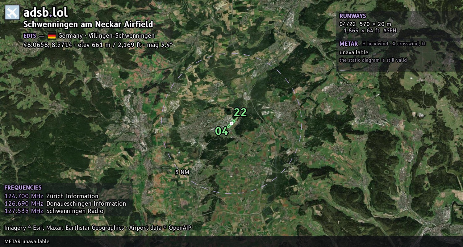 Satellite map with the runway layout of Schwenningen am Neckar Airfield (EDTS)