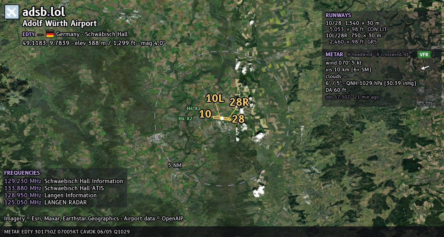 Satellite map with the runway layout of Adolf Würth Airport (EDTY)