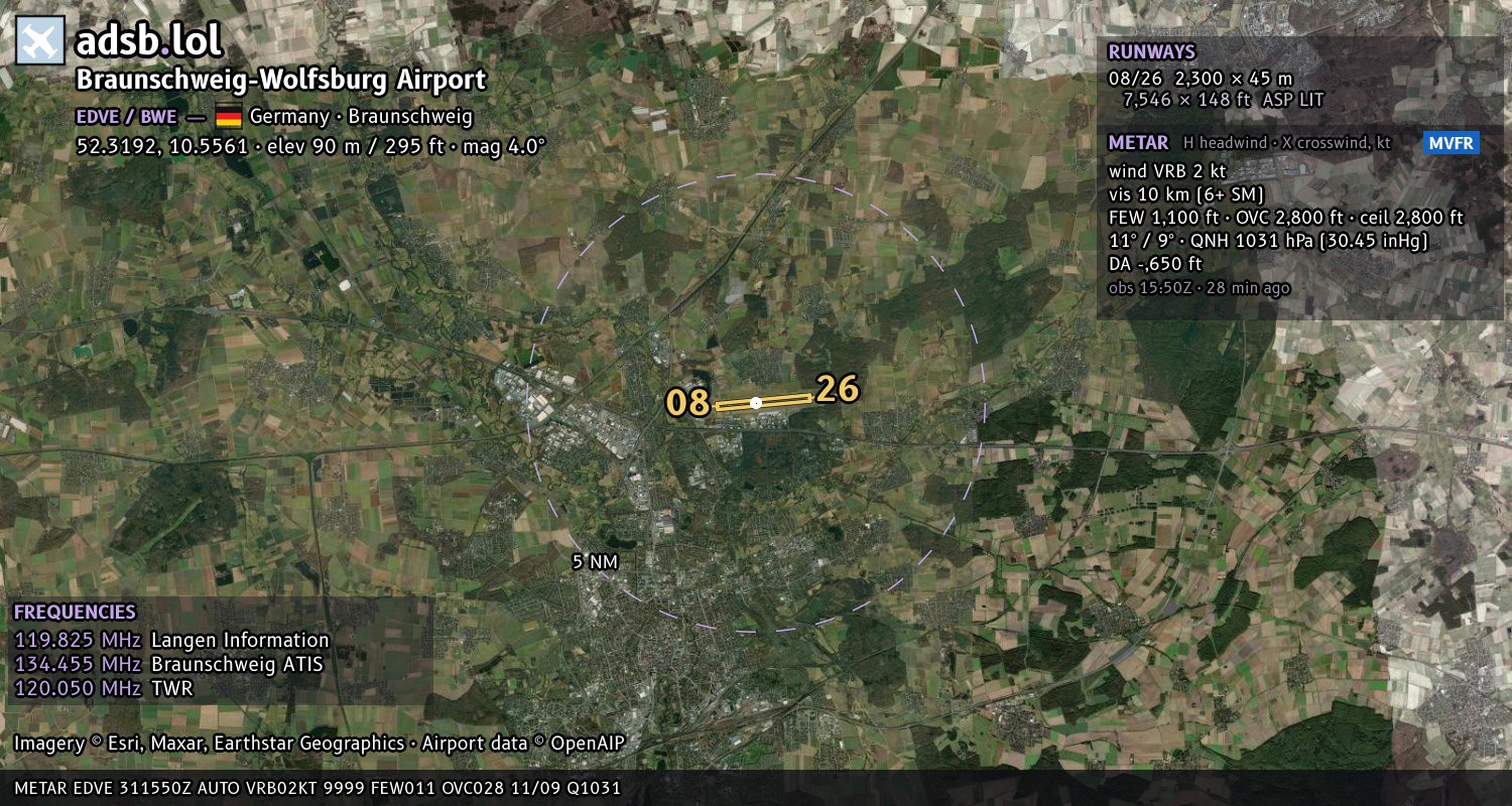 Satellite map with the runway layout of Braunschweig-Wolfsburg Airport (EDVE)