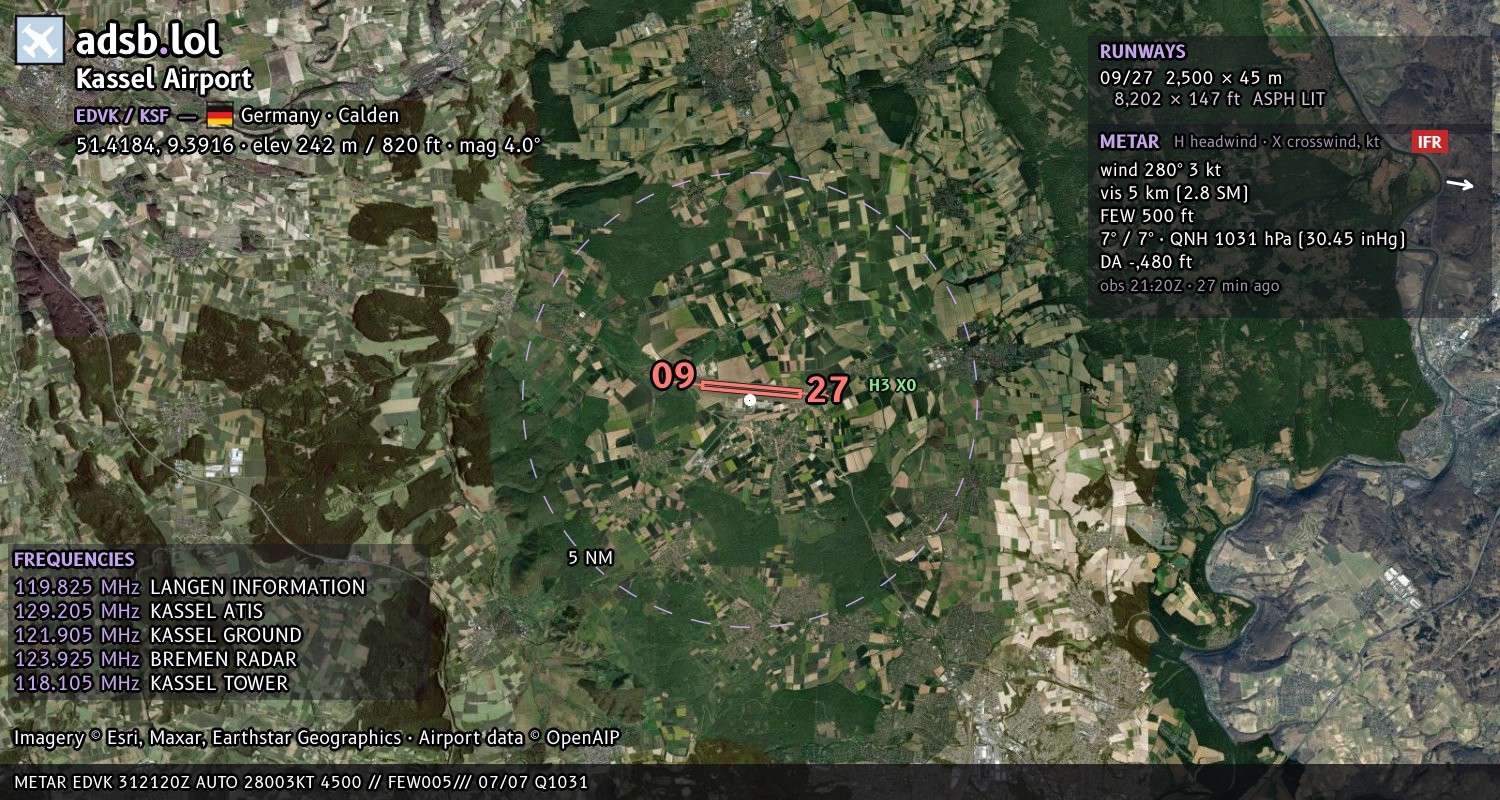 Satellite map with the runway layout of Kassel Airport (EDVK)