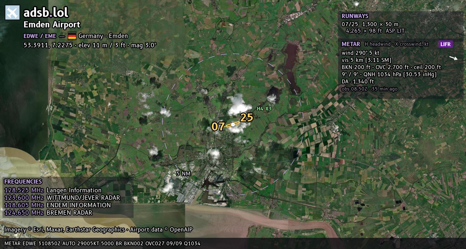 Satellite map with the runway layout of Emden Airport (EDWE)