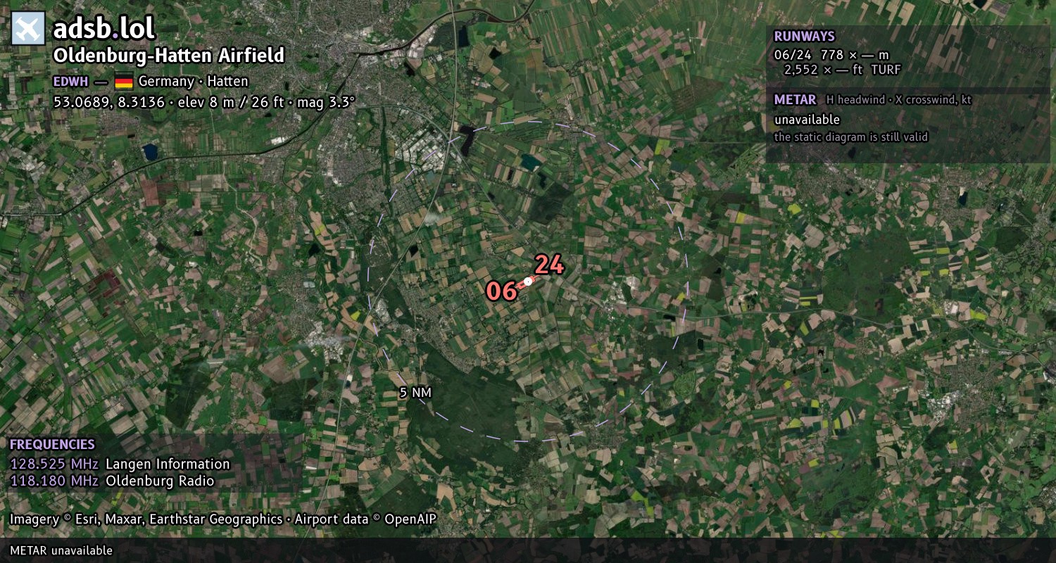 Satellite map with the runway layout of Oldenburg-Hatten Airfield (EDWH)