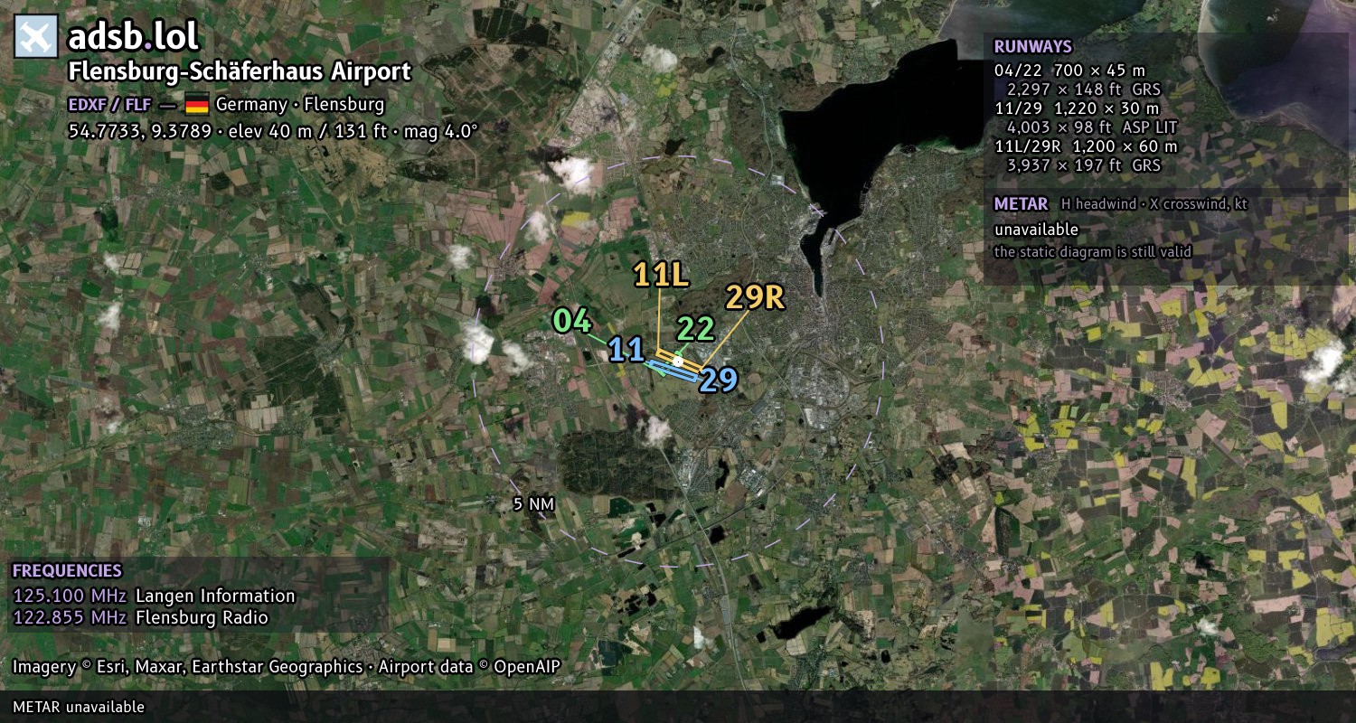 Satellite map with the runway layout of Flensburg-Schäferhaus Airport (EDXF)