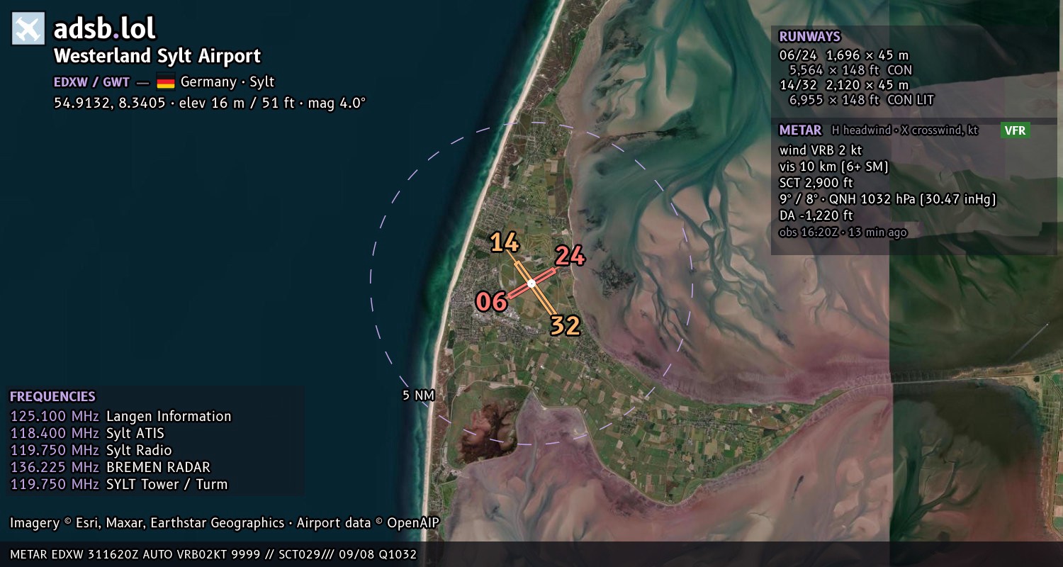 Satellite map with the runway layout of Westerland Sylt Airport (EDXW)
