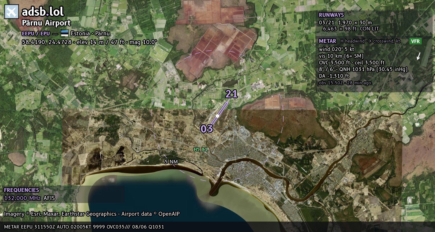 Satellite map with the runway layout of Pärnu Airport (EEPU)