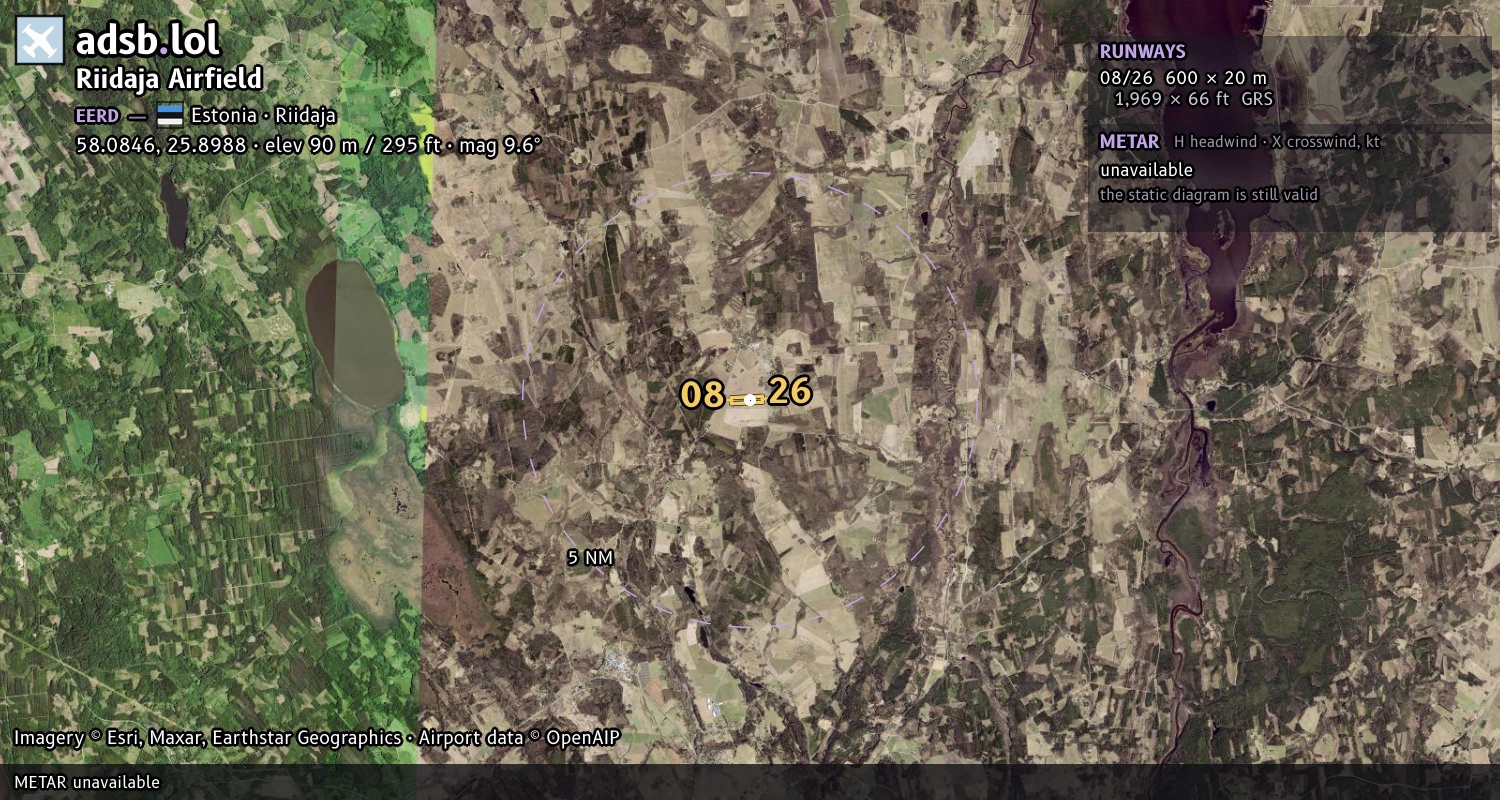 Satellite map with the runway layout of Riidaja Airfield (EERD)