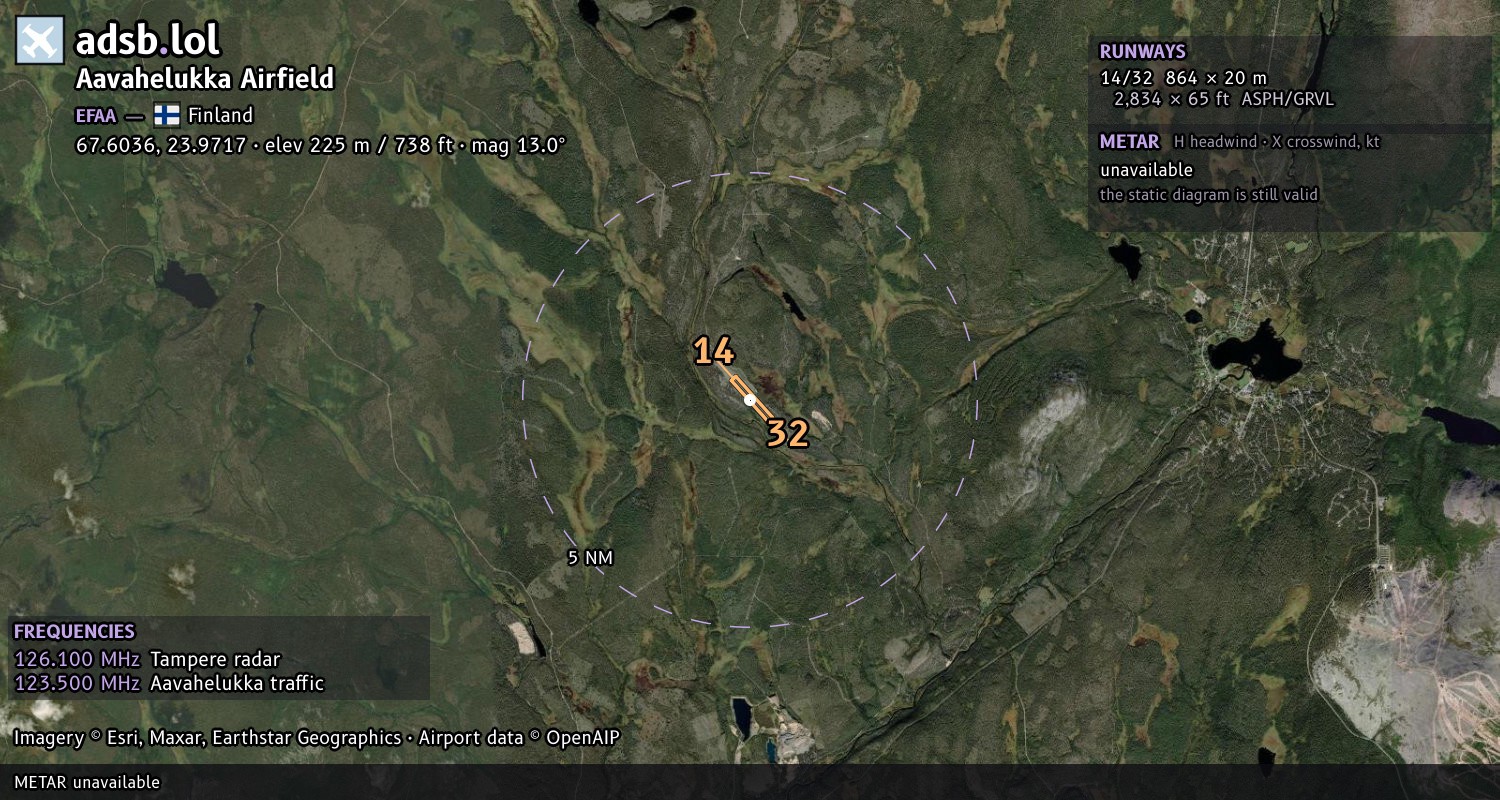 Satellite map with the runway layout of Aavahelukka Airfield (EFAA)