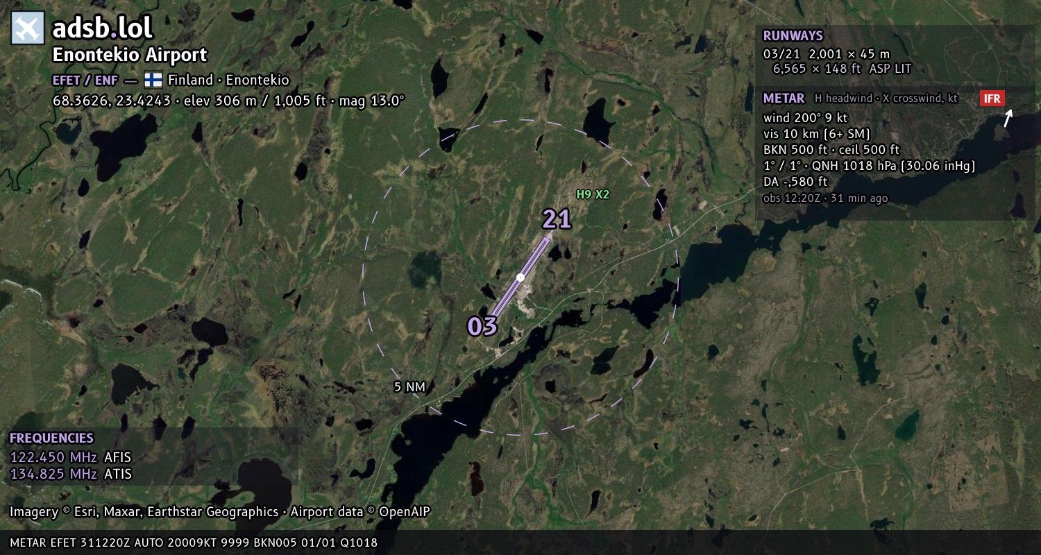 Satellite map with the runway layout of Enontekio Airport (EFET)