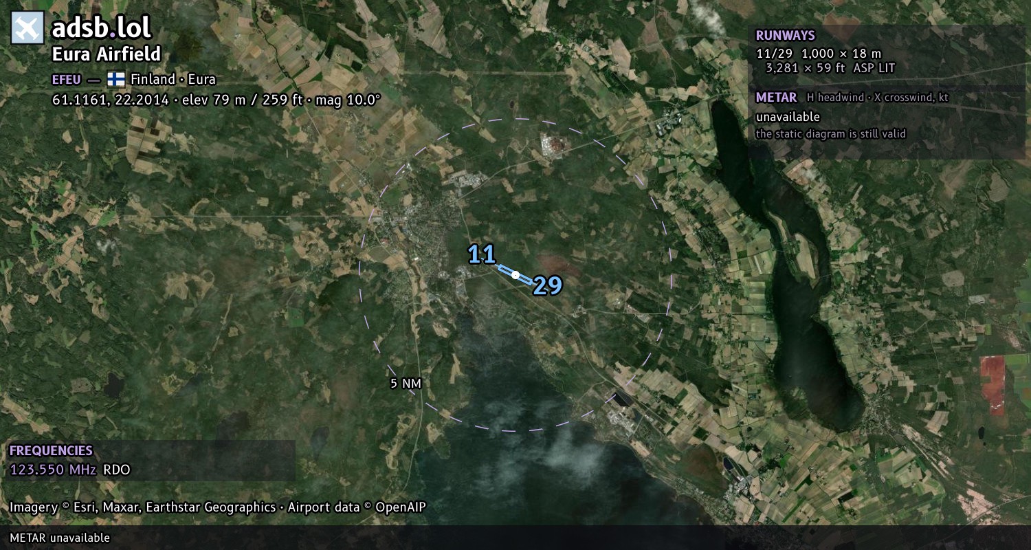 Satellite map with the runway layout of Eura Airfield (EFEU)