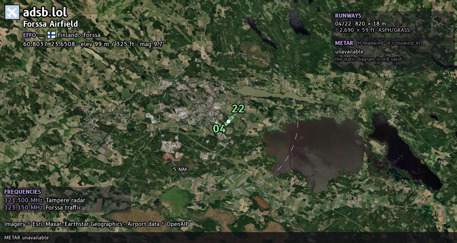 Satellite map with the runway layout of Forssa Airfield (EFFO)