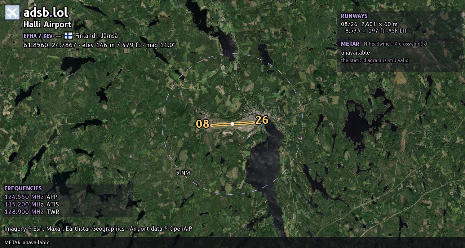 Satellite map with the runway layout of Halli Airport (EFHA)