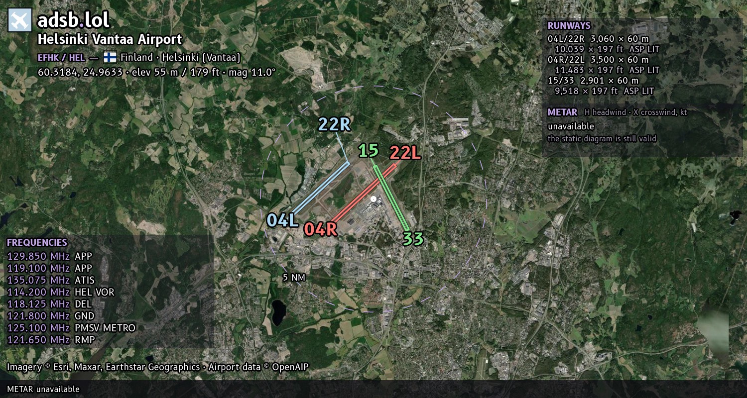 Satellite map with the runway layout of Helsinki Vantaa Airport (EFHK)