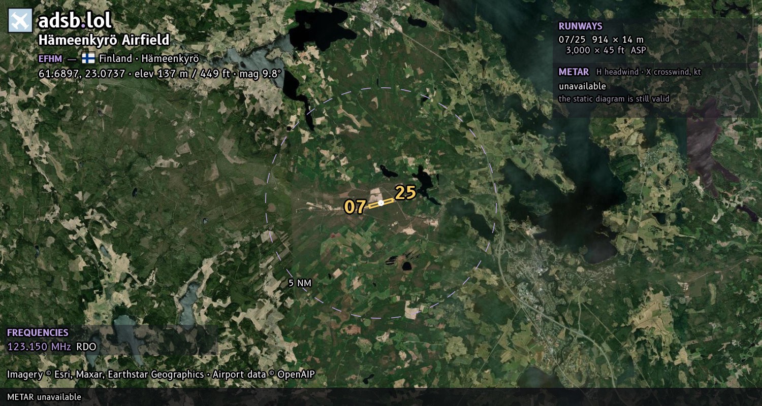 Satellite map with the runway layout of Hämeenkyrö Airfield (EFHM)