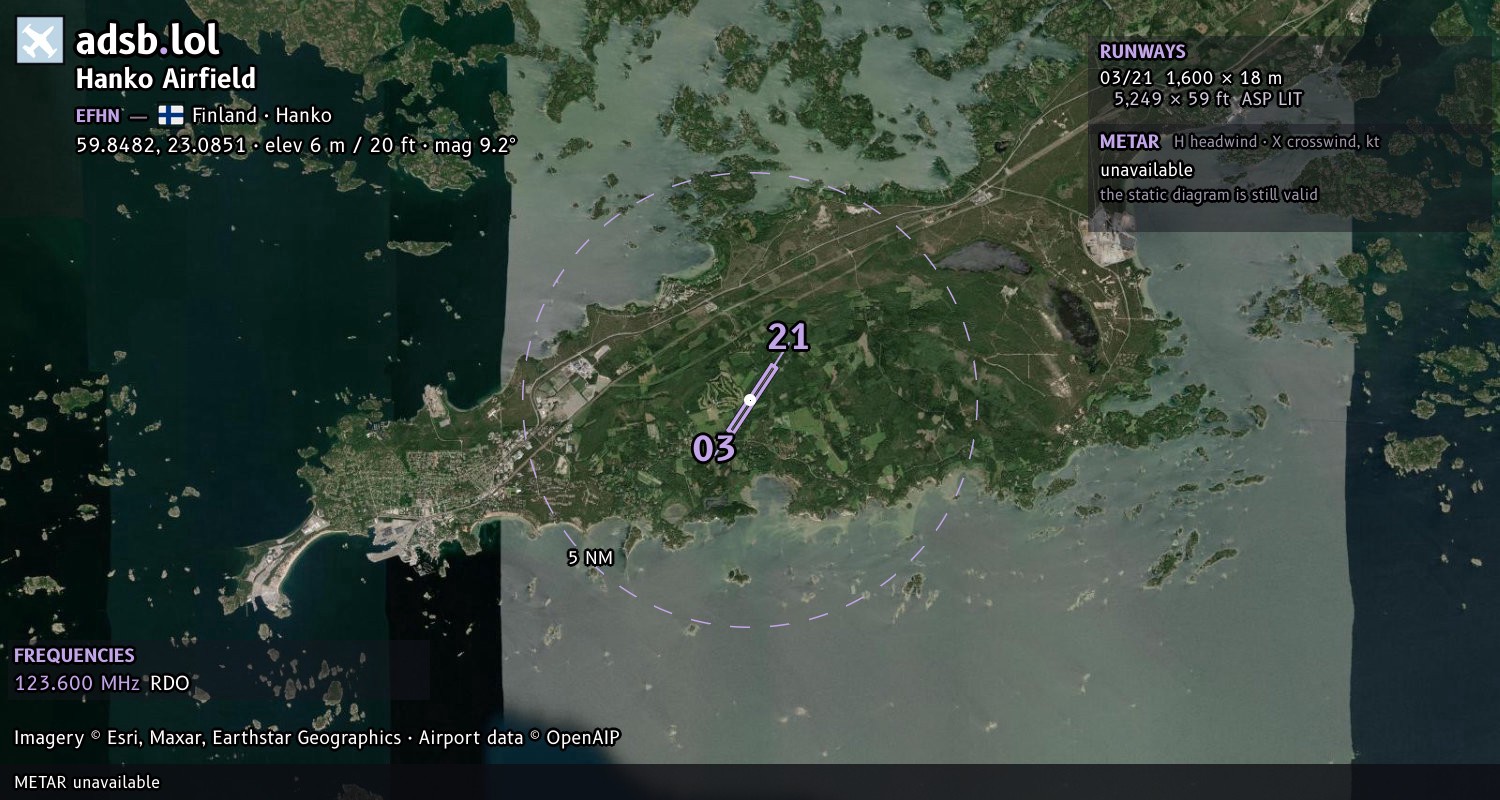 Satellite map with the runway layout of Hanko Airfield (EFHN)
