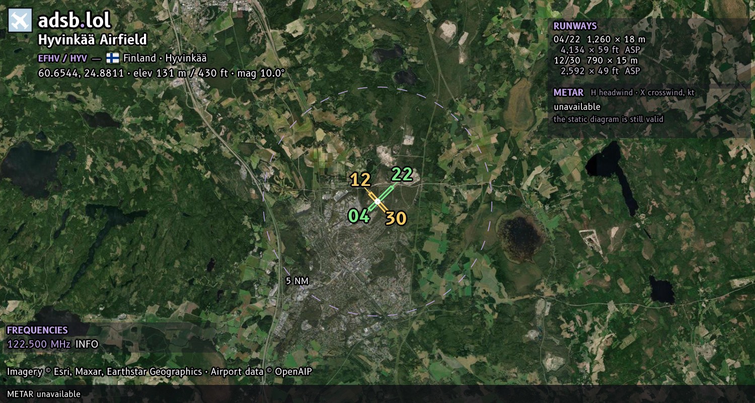 Satellite map with the runway layout of Hyvinkää Airfield (EFHV)