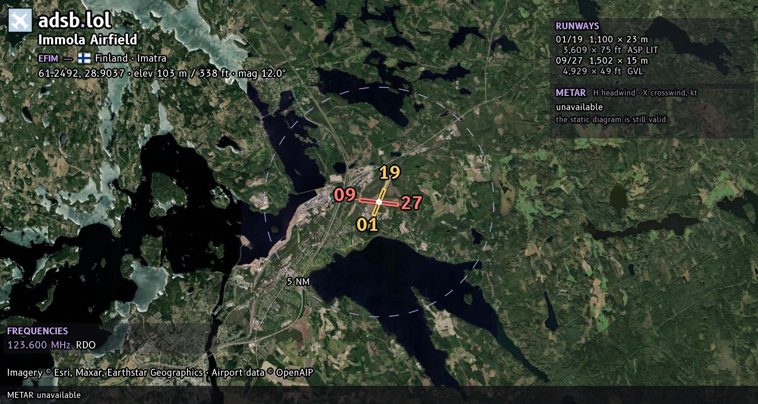 Satellite map with the runway layout of Immola Airfield (EFIM)