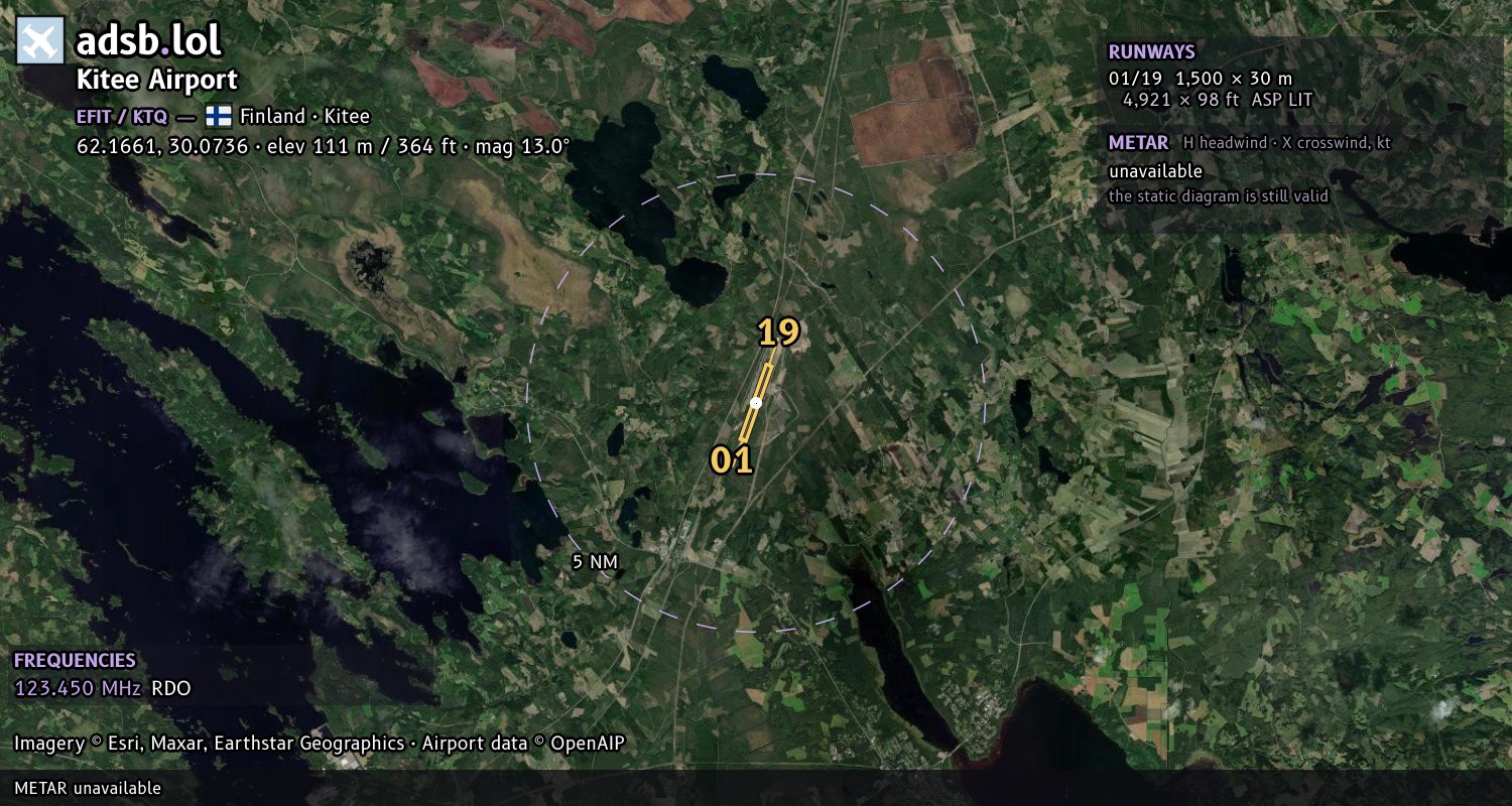 Satellite map with the runway layout of Kitee Airport (EFIT)