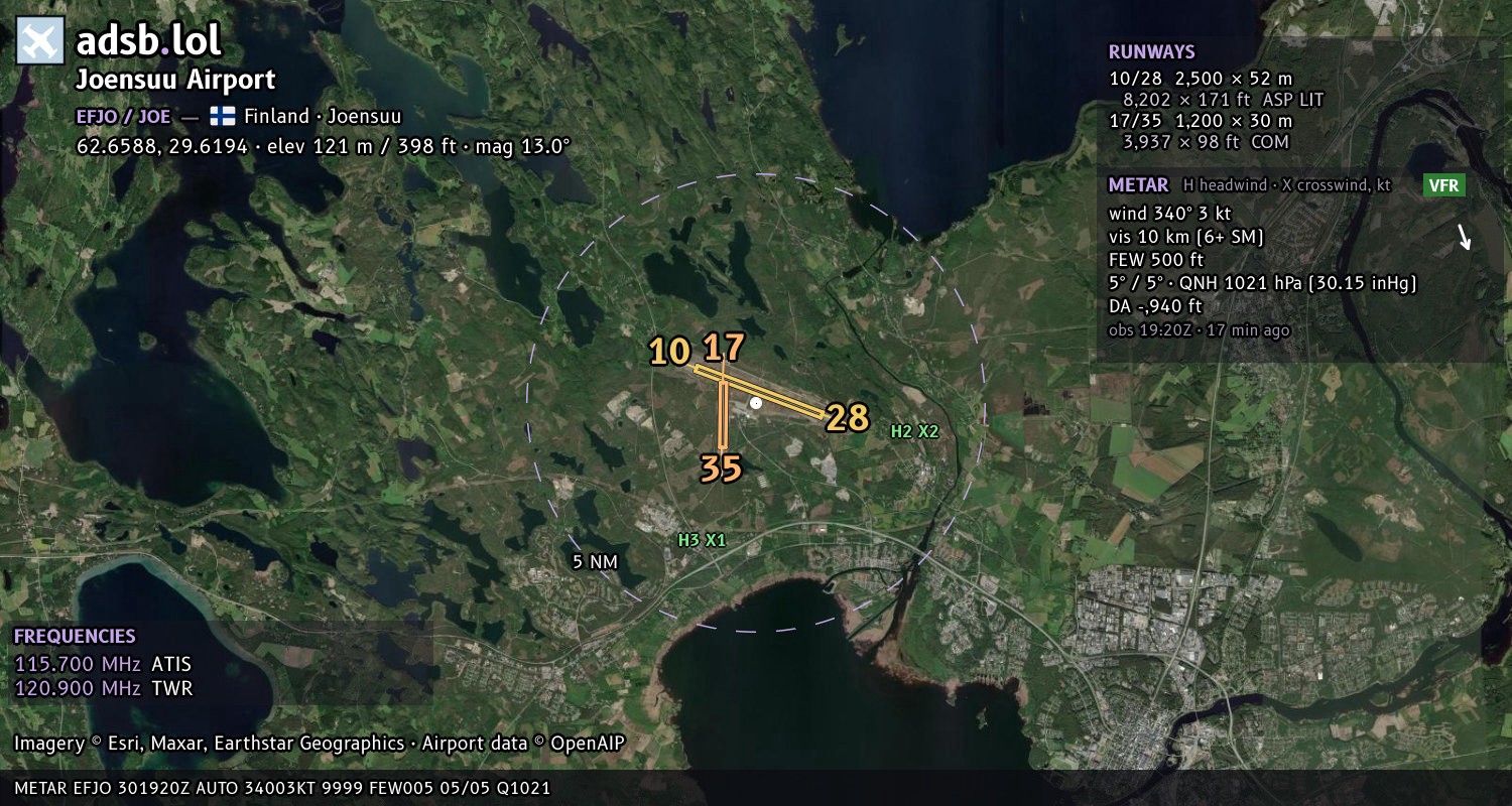 Satellite map with the runway layout of Joensuu Airport (EFJO)