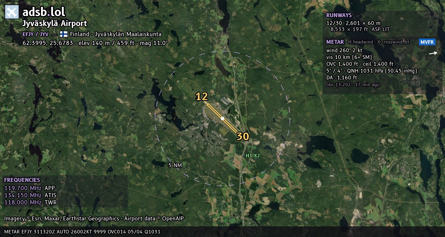 Satellite map with the runway layout of Jyväskylä Airport (EFJY)