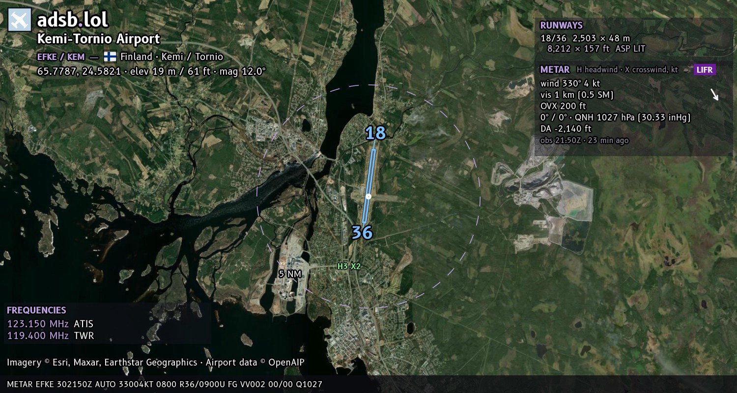 Satellite map with the runway layout of Kemi-Tornio Airport (EFKE)