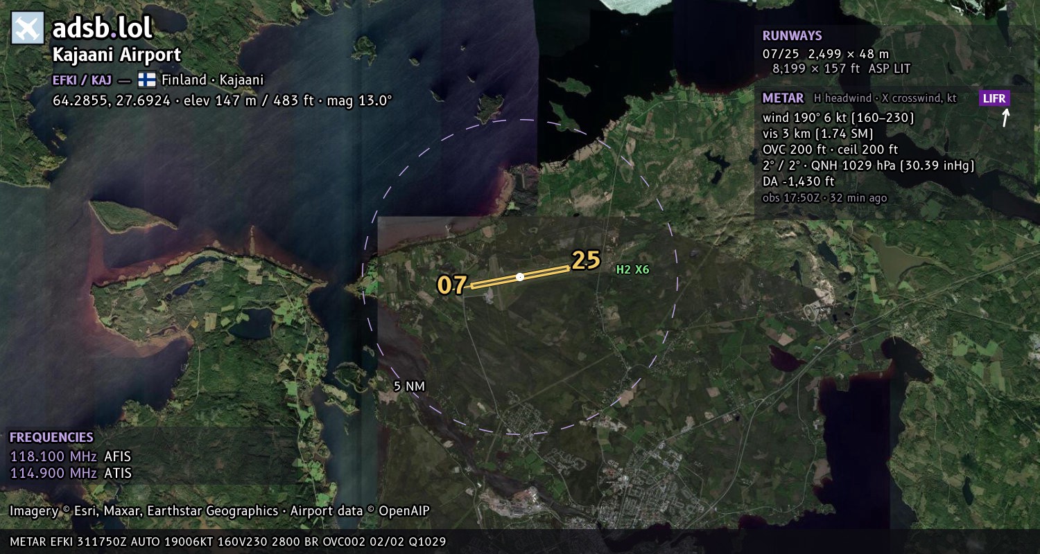 Satellite map with the runway layout of Kajaani Airport (EFKI)
