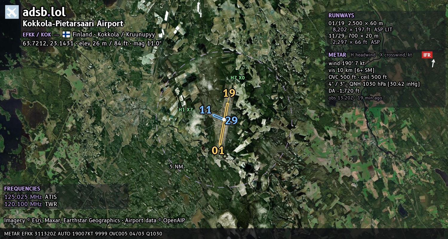 Satellite map with the runway layout of Kokkola-Pietarsaari Airport (EFKK)