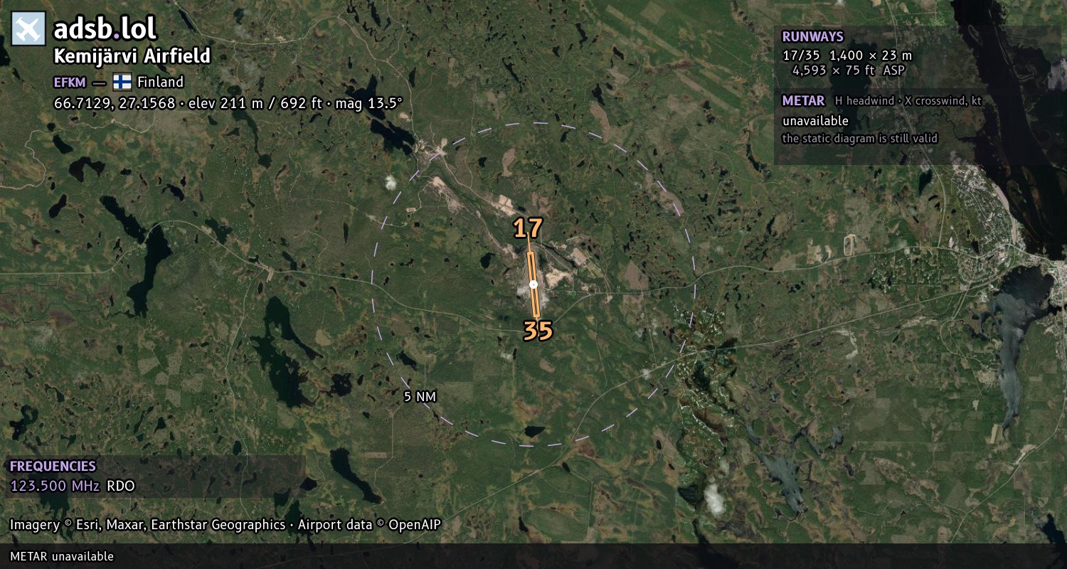 Satellite map with the runway layout of Kemijärvi Airfield (EFKM)