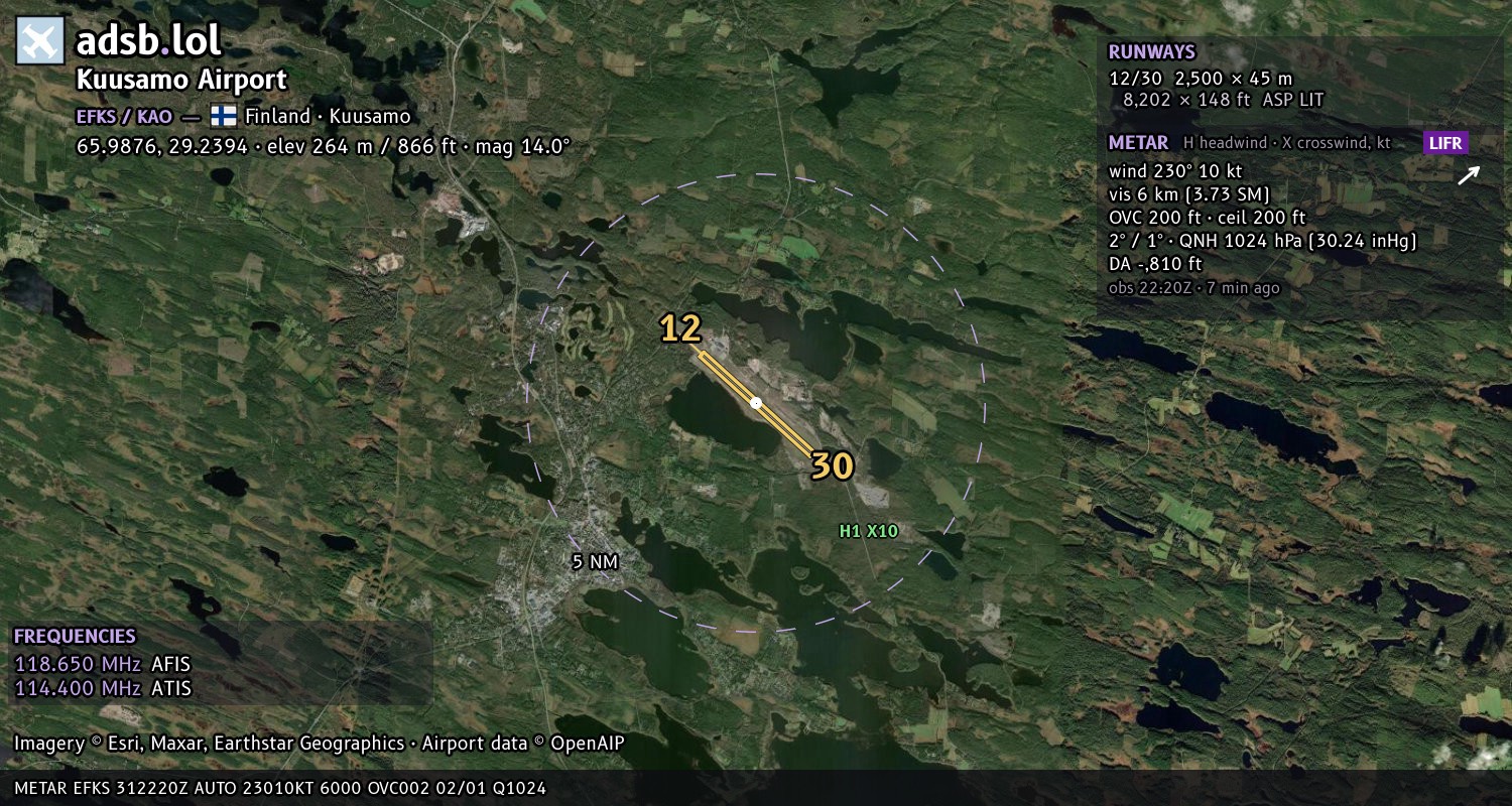 Satellite map with the runway layout of Kuusamo Airport (EFKS)