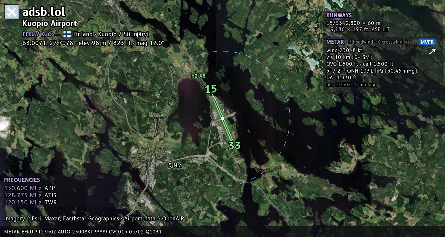 Satellite map with the runway layout of Kuopio Airport (EFKU)