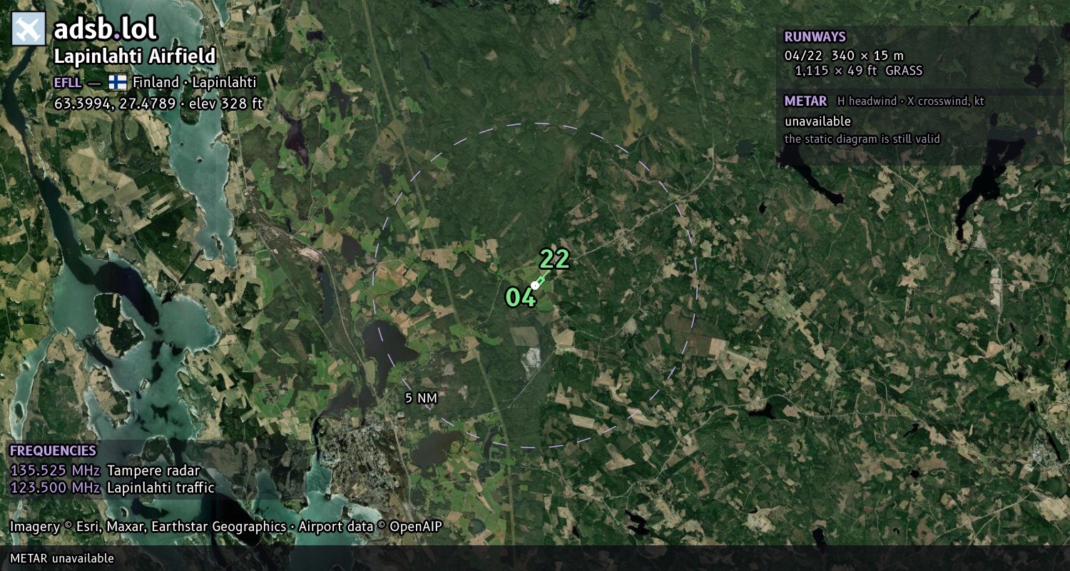Satellite map with the runway layout of Lapinlahti Airfield (EFLL)