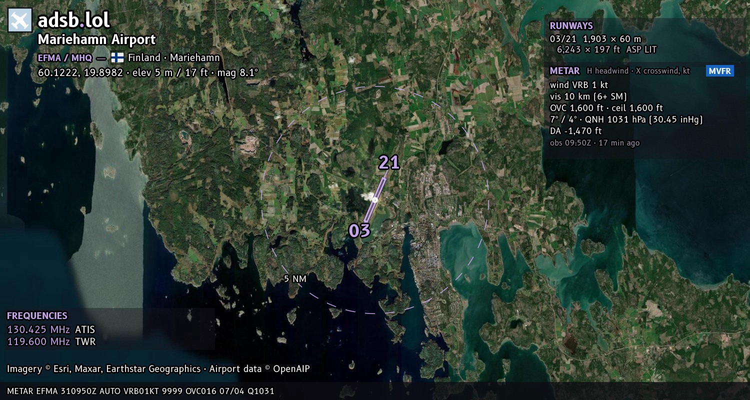 Satellite map with the runway layout of Mariehamn Airport (EFMA)