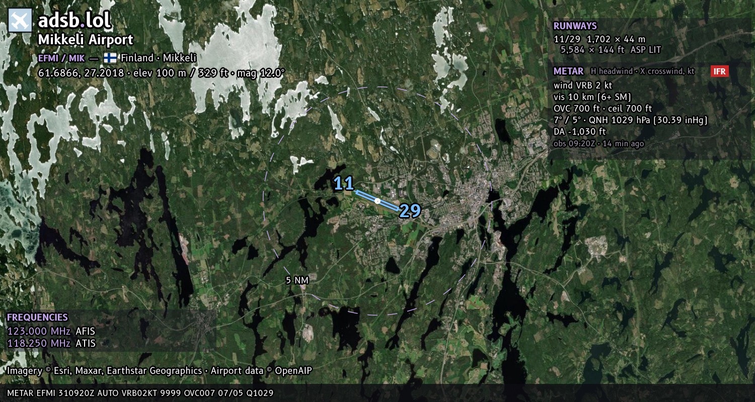Satellite map with the runway layout of Mikkeli Airport (EFMI)