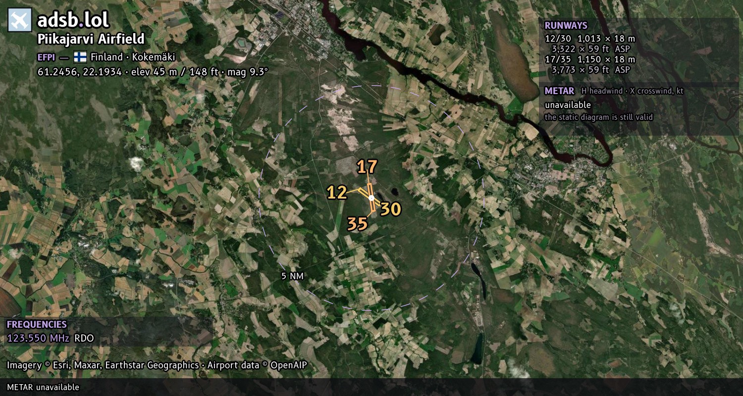 Satellite map with the runway layout of Piikajarvi Airfield (EFPI)