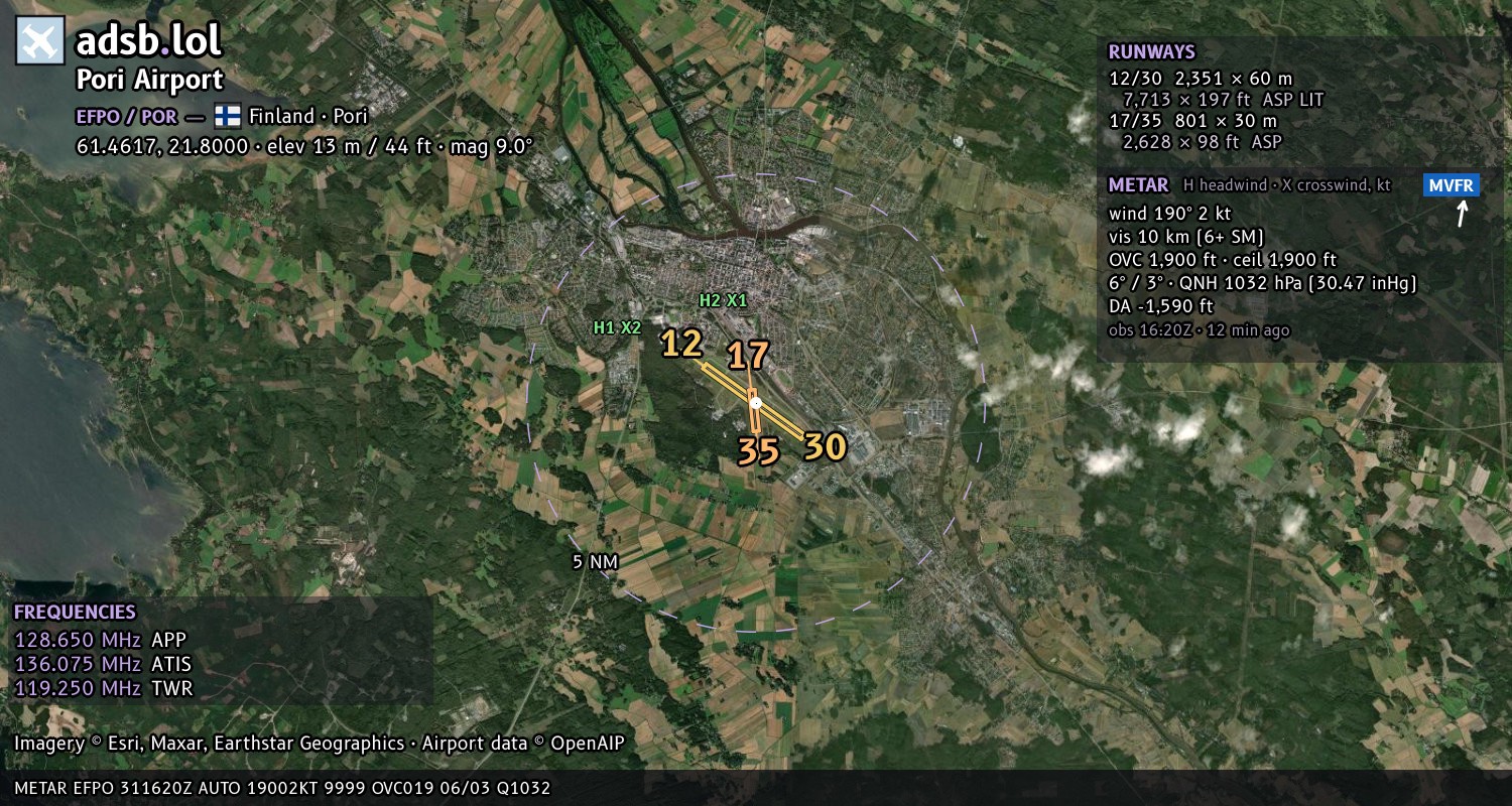 Satellite map with the runway layout of Pori Airport (EFPO)