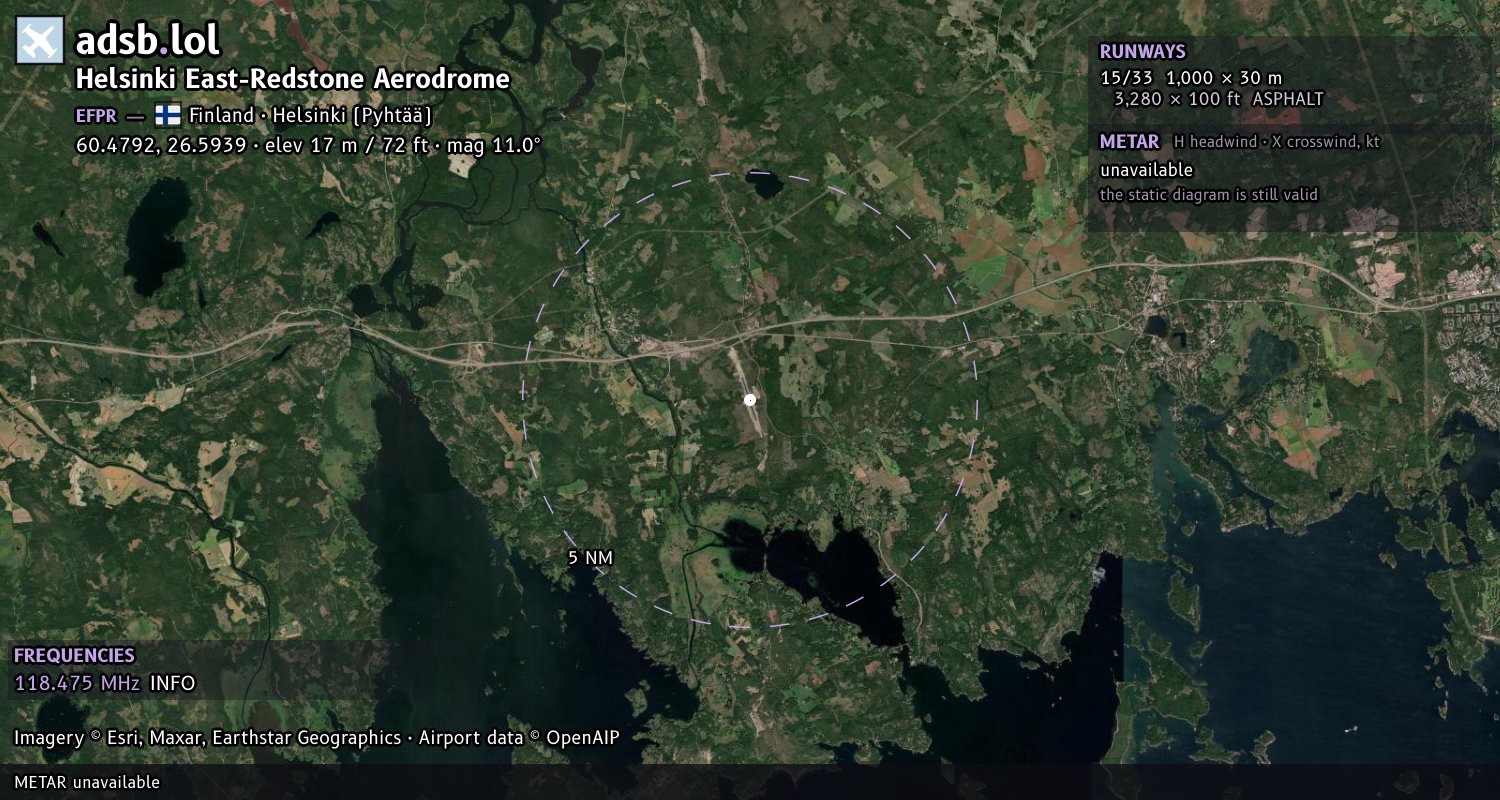 Satellite map with the runway layout of Helsinki East-Redstone Aerodrome (EFPR)