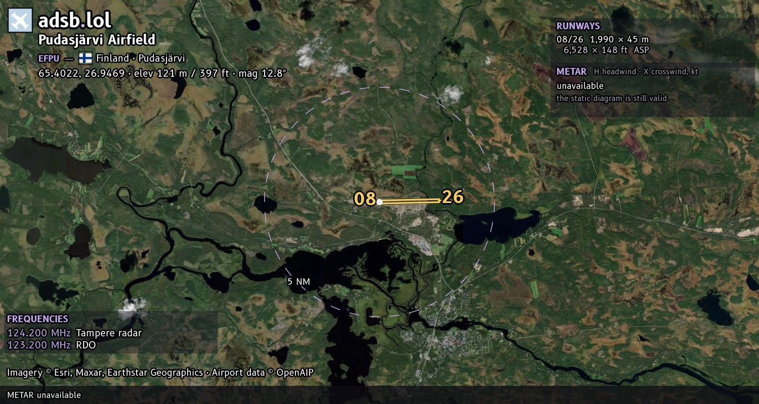 Satellite map with the runway layout of Pudasjärvi Airfield (EFPU)