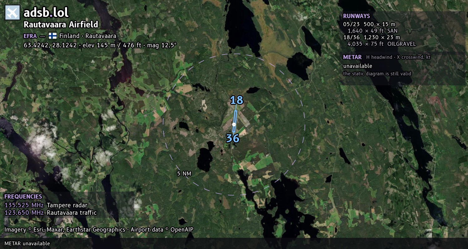 Satellite map with the runway layout of Rautavaara Airfield (EFRA)