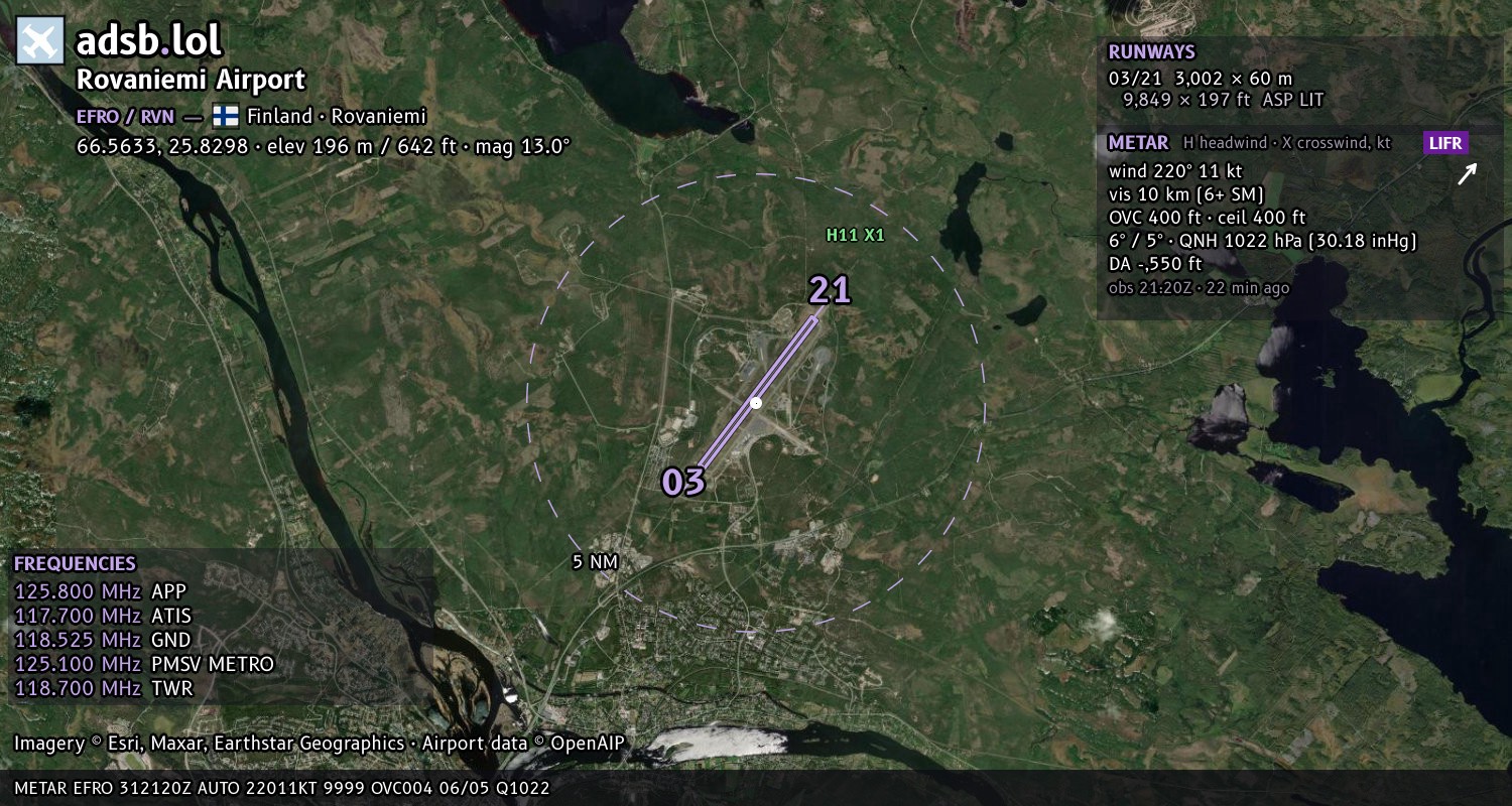 Satellite map with the runway layout of Rovaniemi Airport (EFRO)