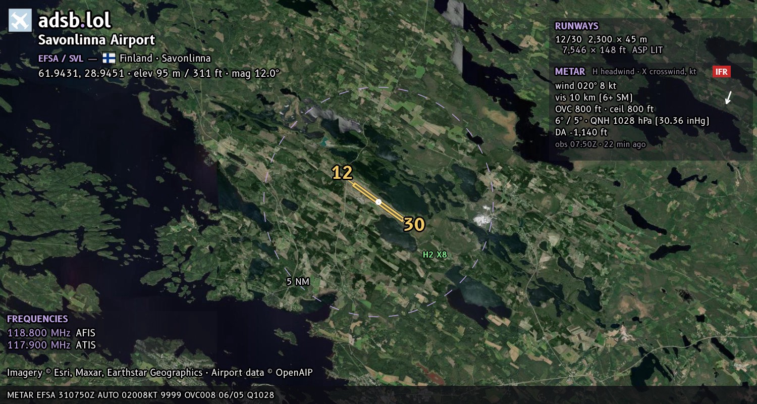 Satellite map with the runway layout of Savonlinna Airport (EFSA)