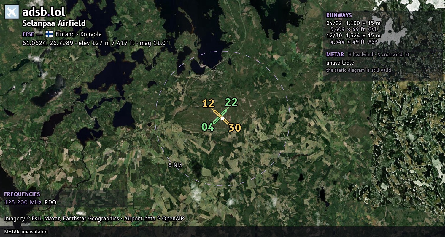 Satellite map with the runway layout of Selanpaa Airfield (EFSE)