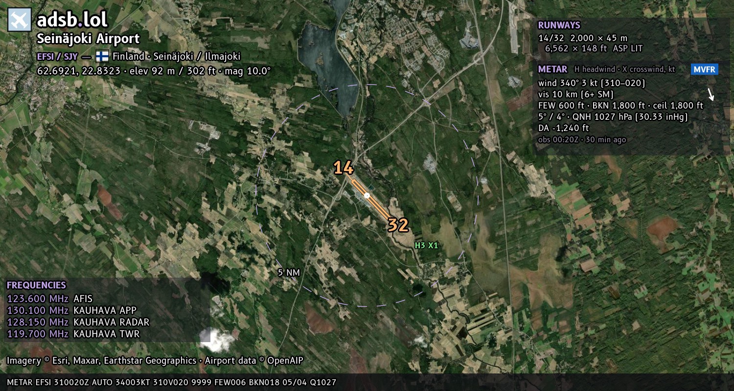Satellite map with the runway layout of Seinäjoki Airport (EFSI)