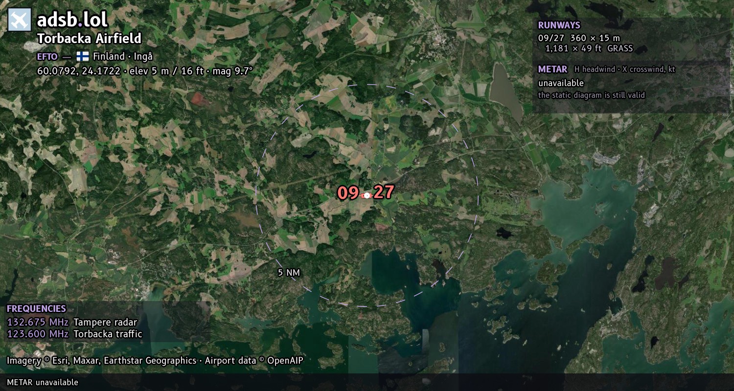 Satellite map with the runway layout of Torbacka Airfield (EFTO)