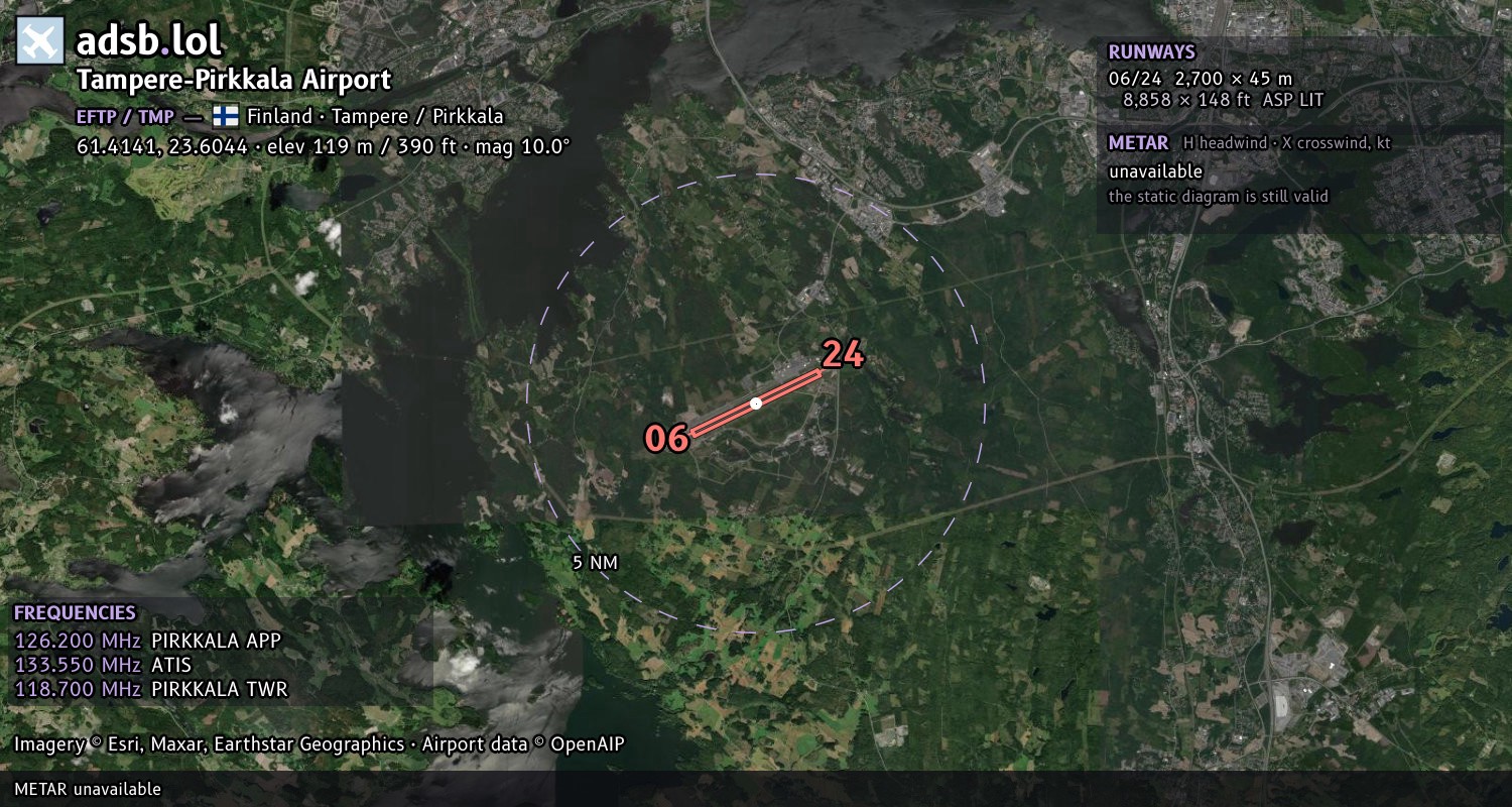 Satellite map with the runway layout of Tampere-Pirkkala Airport (EFTP)