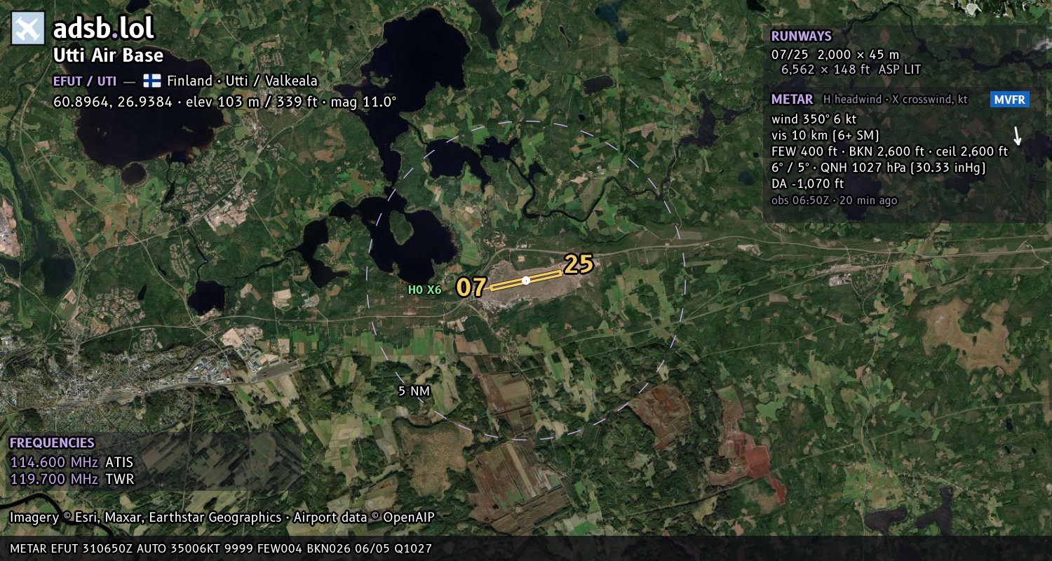 Satellite map with the runway layout of Utti Air Base (EFUT)
