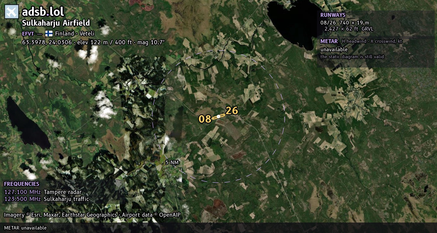 Satellite map with the runway layout of Sulkaharju Airfield (EFVT)