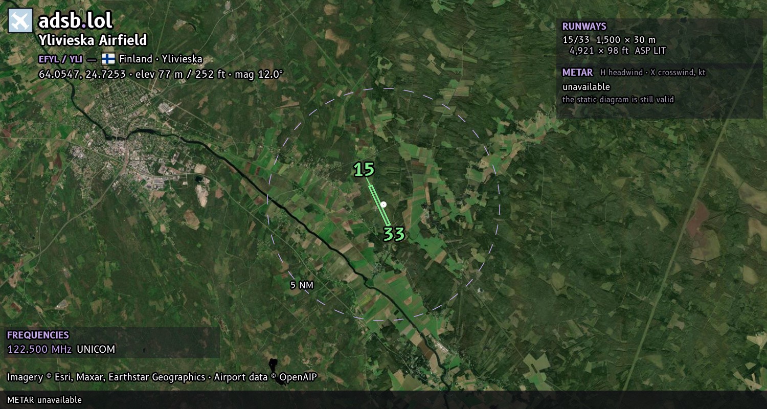 Satellite map with the runway layout of Ylivieska Airfield (EFYL)